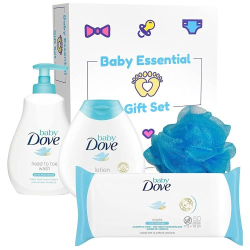 Dove Rich Moisture Complete Care Newborn Essentials Gift Bundle with Head to Toe Wash, Shampoo