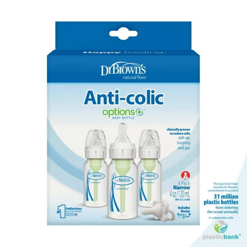 Dr. Brown’s Natural Flow Anti-Colic Options+ Narrow Baby Bottle, 4oz, Slow Flow, 0m+, 3 Pack