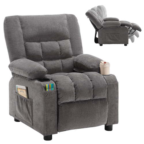 JONPONY Kids Recliner Chair,Push Back Toddler Recliner with Cup Holders & Side Pockets,Adjustable Footrest & Headrest Kids Sofa for Boys Girls 3+ Age Group, Grey