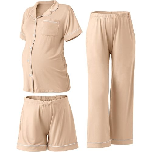 Rnxrbb 3 PCS Women Maternity Pajamas Set Nursing Postpartum Breastfeeding Pjs Sleepwear Lounger Clothes Button Down