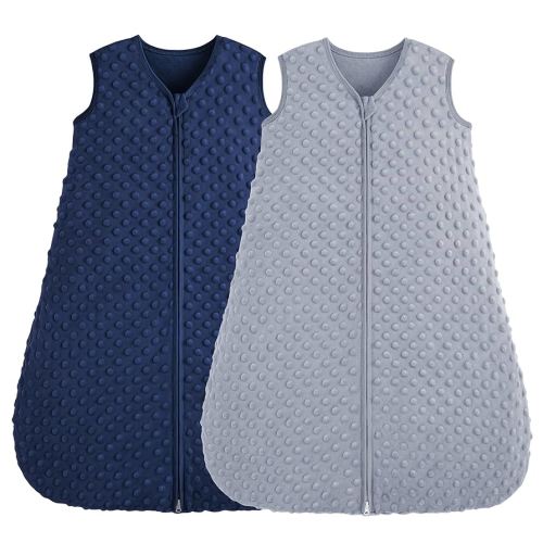 Fleece Baby Sleep Sack 0-6 Months, 1.5 TOG Cotton Baby Wearable Blanket With Soft Plush Dots, 2 Pack Newborn and Infant Warm Sleeping Sack with 2-Way Zipper Blue&Grey