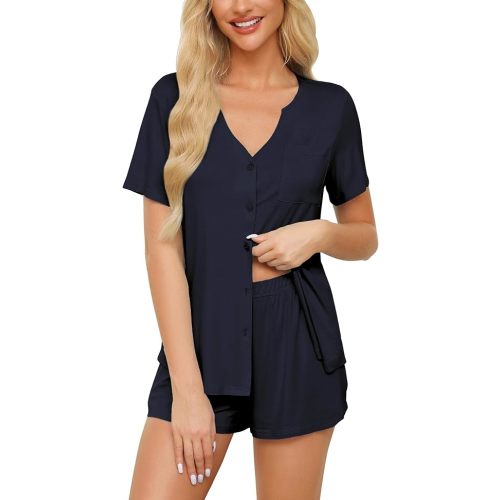 Anjue Pajamas for Women Soft Button Up Pajama Set Short Sleeve Shirt and Pajama Pants Lounge Sets S-XXL