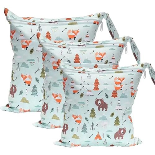 Wet Dry Bag for Cloth Diapers, 3PCS Waterproof Reusable Wet Bag with Zippered Pockets, Washable, Reusable for Travel, Beach, Pool, Stroller, Diapers, Dirty Gym Clothes, Swimsuits - Animal - Bear Fox - 3 pack