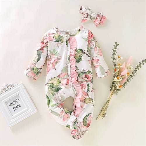 Onesies Baby Girl Boy Ruffle Floral Footed Sleeper Romper Headband Clothes Outfits Set Clothes for Girls 0-3 Months