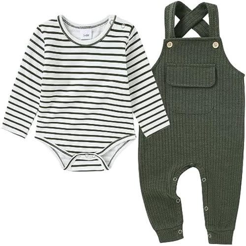 CARETOO Newborn Baby Boy Clothes Infant Boy Romper Fall Winter Outfits Bodysuit 2Pcs Striped Long Sleeve Top Overalls 0-18M