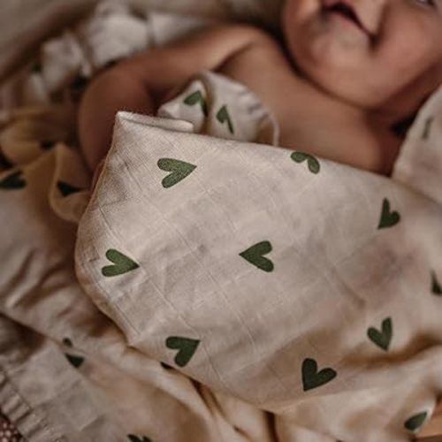 Swaddle - 100% Organic Cotton - Muslin Swaddle Blankets for Newborn, 47" x 47" (Green Hearts)