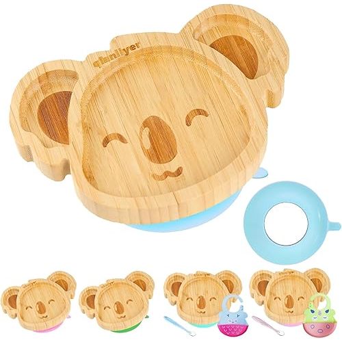 Bamboo Suction Plates for Babies & Toddlers - Natural Wooden Animal Koala - Small Led Weaning Supplies - Ages 4-72 Months (Blue)