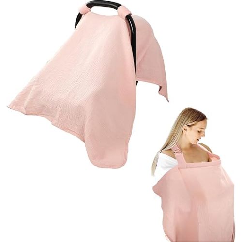 Hooyax 2-in-1 Baby Car Seat Cover & Nursing Cover, 100% Muslin Cotton, Breathable Car Seat Canopy and Privacy Breastfeeding Cover, Pink