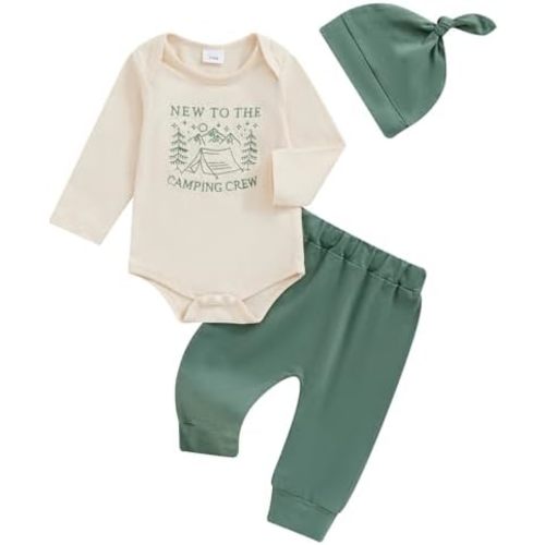 Newborn Baby Fall Clothes New To The Camping Crew Outfit Long Sleeve Romper Pants Set Infant Boy Girl 3pcs