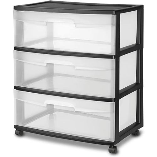 Plastic Storage Drawer Cart, Medium Home Organization Storage Container with 3 Large Clear Drawers With Wheels (Black), 3SDC-01
