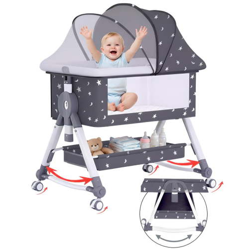 ManyFun 5 in 1 Wide Baby Bassinet Bedside with Diaper Changer with Height-Adjustable and Wheels,Black