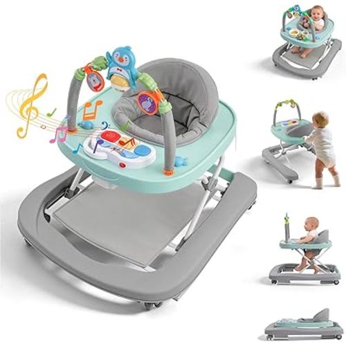 Foldable Baby Walker, Music & Removable Footrest with Toys, 3-Height Adjustable, 4-in-1 Activity Center for Infant and Toddler, Baby Walker for Baby Boy Girls 7–18 Months