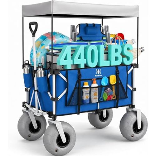Beach Wagon with Big Balloon Wheels for Sand, 200L Extra Large Beach Cart with Canopy, 440Lbs Heavy Duty Folding Wagon Collapsible with 9" Tires & Side Pocket for Beach, Outdoor, Blue