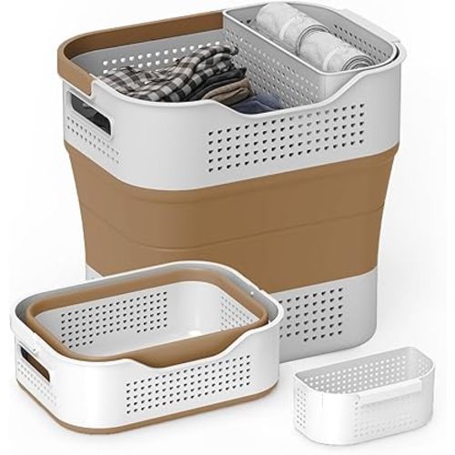 TECHMILLY Collapsible Plastic Laundry Basket Hamper with Handles, 35L Portable Rubber Clothes Basket, Pop Up Storage Container/Organizer with Hanging basket for Washing & Storage, Brown