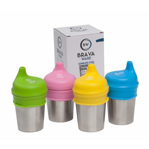 BravaWare Stainless Steel Cups and Silicone Sippy Lids for Kids Toddlers Babies BUNDLE: 4-8oz Cups and 4 Sippy Lids - BPA free Sippy Cup Set with Safe Rolled Edges