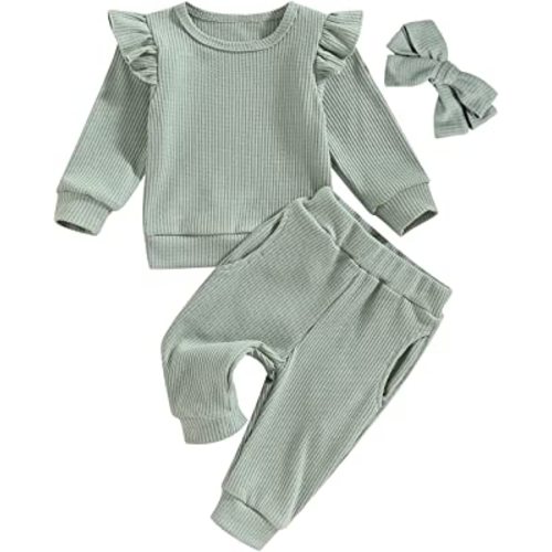 Baby Girls 3Pcs Fall Outfits Long Sleeve Ribbed Romper + Belted Pants + Headband Set Infant Clothes