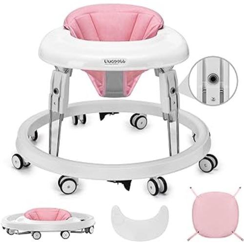 One-Touch Folding Baby Walker, Anti-Roll 8-Wheel Round Chassis, 7-Speed Height Adjustment, with Large Dinner Plate and Brake, 6-18 Months Baby Walker, Pink