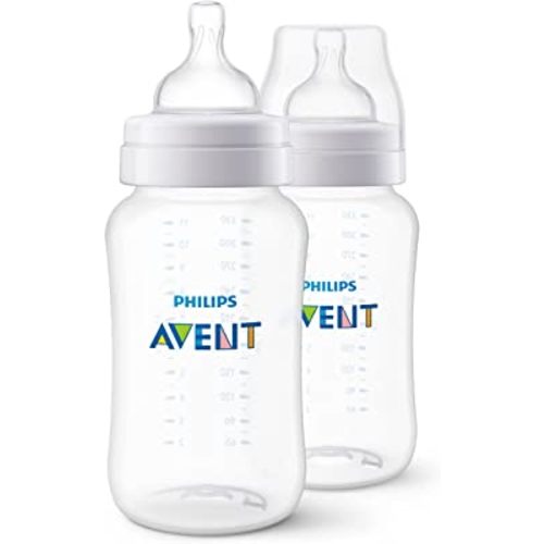 Philips Avent Anti-Colic Baby Bottles, 11oz, with Flow 3 Nipples, 3m+, 2pk, Clear, SCY106/02
