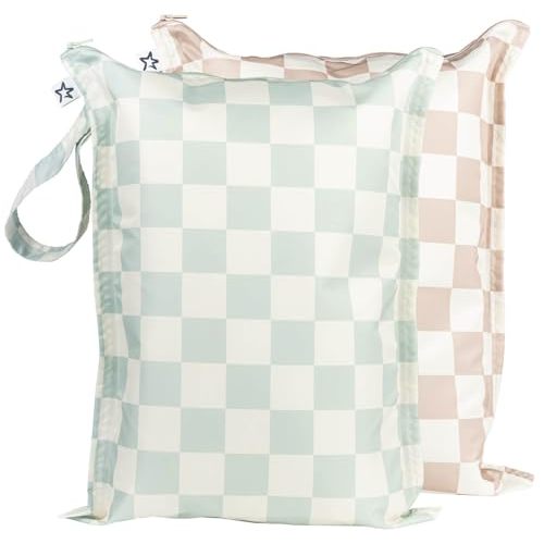 Tiny Twinkle Mess-proof Wet Bags 2 Pack Waterproof and Washable Bag for Travel storage, Stroller, Daycare, Baby Diapers, Yoga, Beach, Pool, Wet Toddler Swimsuits (Unisex Checkers)
