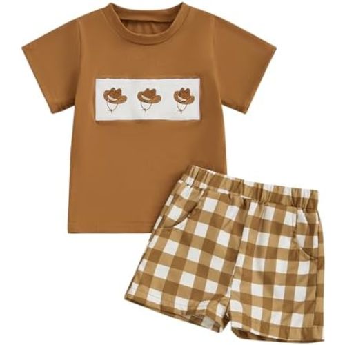 Toddler Baby Boys Western Outfits Embroidery Cow Short Sleeve T Shirt and Plaid Shorts Sets 2Pcs Summer Clothes Set