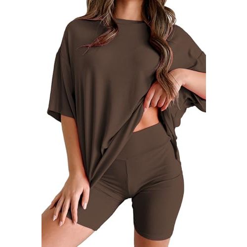 Womens 2 Piece Lounge Set 2025 Summer Travel Outfit Casual Short Sleeve Oversized Tshirts & Biker Shorts