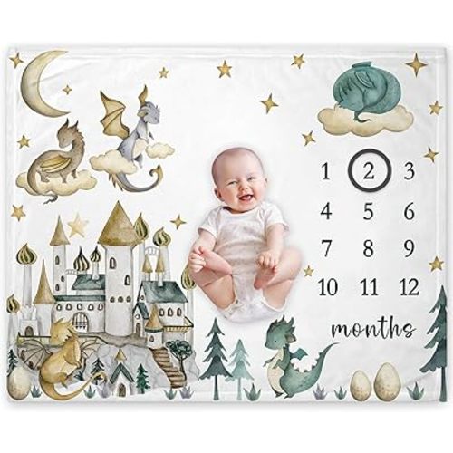 Yuzioey Dragon Milestone Blanket, Dragon Fairy Tale Baby Growth Chart Monthly Blanket, Watch Me Grow Dragon Baby Nursery for New Moms Baby Shower(50"x40")