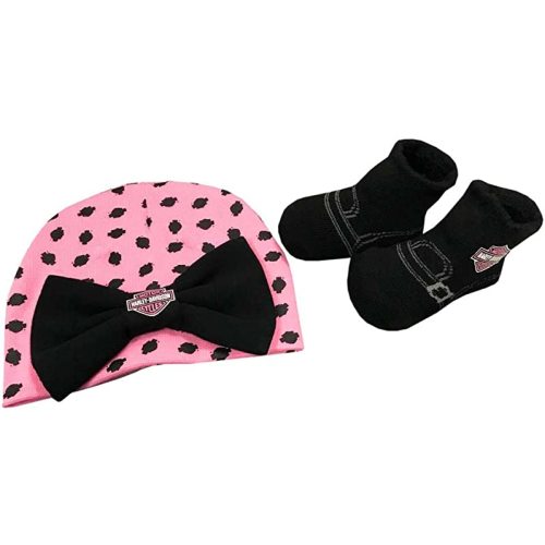 Harley-Davidson Baby Girls' Beanie & Biker Booties Set, Pink & Black 7000881