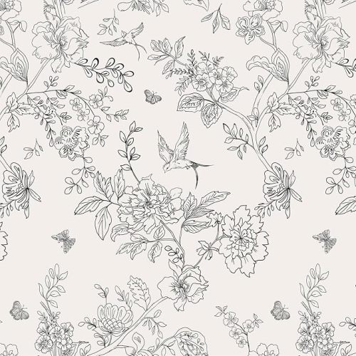 Black and Cream White Floral Wallpaper Peel and Stick Wallpaper 17.7in×393.7in Vintage Floral Contact Paper Flowers Birds Removable Self Adhesive Decorative Wall Paper for Bathroom Cabinets