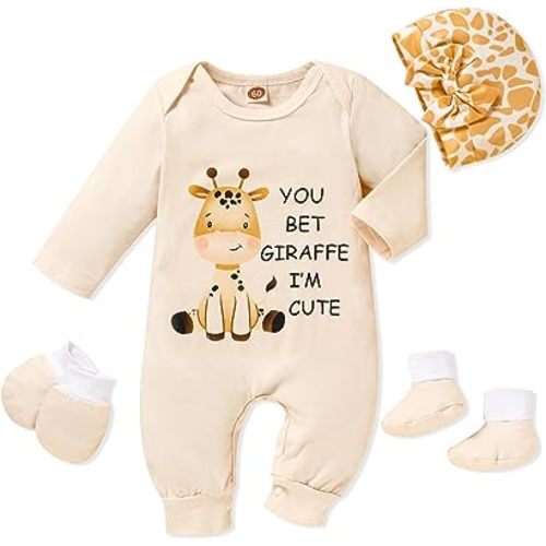 Newborn Baby Girl Romper Infant Letter Print Bodysuit Jumpsuit+Hat+Gloves+Socks 4Pcs Coming Home Clothes Outfit