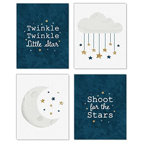 Big Dot of Happiness Twinkle Twinkle Little Star - Unframed Moon and Cloud Nursery and Kids Room Linen Paper Wall Art - Set of 4 - Artisms (8 x 10)