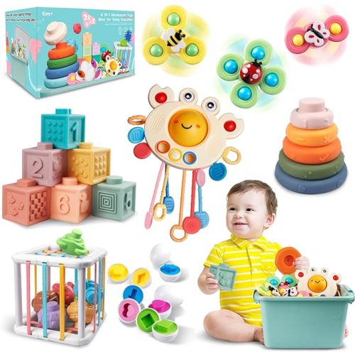 Baby Toys for 6 to 12 Months, Montessori Sensory Bins Toys for Toddlers 1-3, Pull String Teether Infants Bath Toys 6 in 1 Stacking Blocks Rings, Matching Eggs, Suction Cup Spinner Toy
