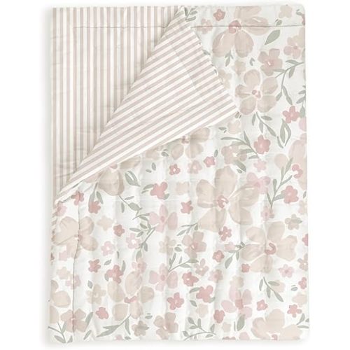 MakeMake Organics Organic Baby Comforter GOTS Certified Organic Kids Blanket Cotton Infill Tufted - Reversible Ultra Soft Breathable Boys Girls (30"x40", Blossom + Beige Stripes)