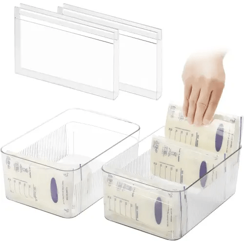 Breastmilk Storage Container with 4 Freezer Flattener Kit to Flatten Standing Breast Milk Bags in Organizer Bins Save Refrigerator Space |Horizontal Storage