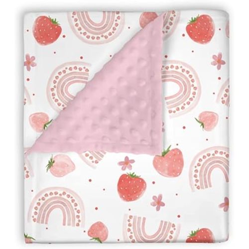 Mink Baby Girls Blankets Pink Rainbow Strawberry, Boho Watercolor Fruit Flower Soft Double Layer Dotted Backing Receiving Swaddle, Newborn Infant Toddler Nursery Crib Bedding Shower Gift 30x40
