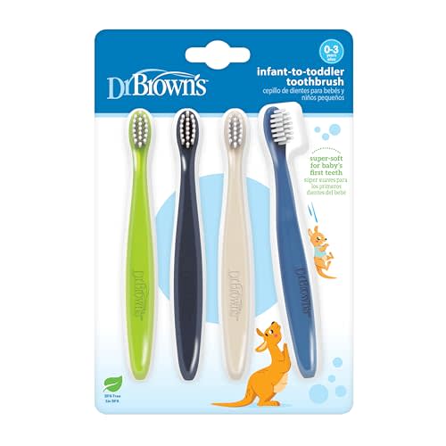 Dr. Brown's Infant-to-Toddler Toothbrush Set, Soft & Gentle Manual Toothbrushes for Baby, Green/Dark Blue/Ecru/Blue, BPA Free, 0-3 Years – 4-Pack