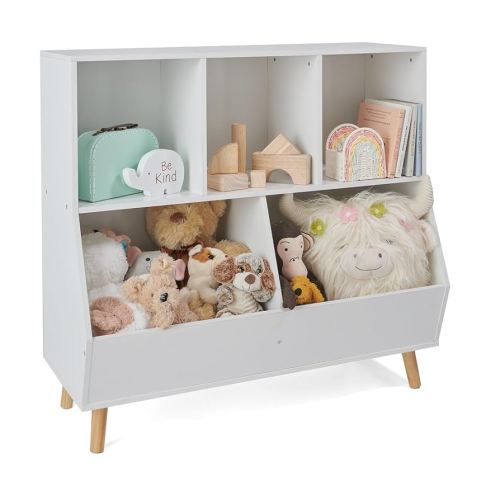 Badger Basket 5-Bin Kid's Wooden Organizer and Bookshelf with Feet-White Toy Storage Cubby