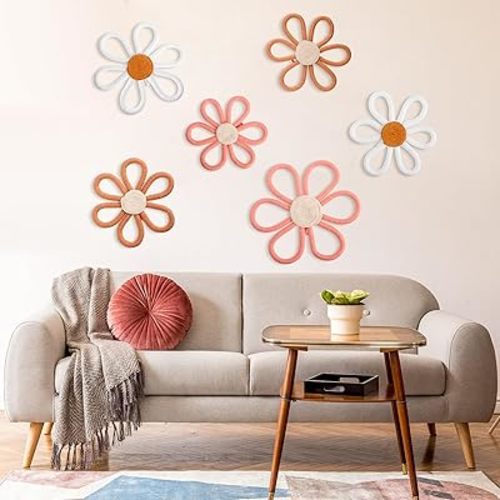 Barydat 6 Pcs Boho Nursery Decor Daisy Flower Woven Macrame Wall Hanging 3 Size Daisy Flower Wall Decor Bohemian Nursery Decorations for Home Kids Dorm Art(Pink, Brown, White)