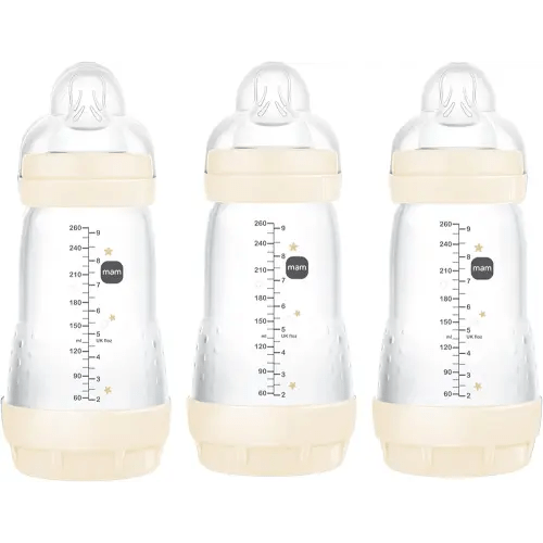 MAM Easy Start Anti-Colic Bottle, Baby Essentials, Medium Flow Bottles with Silicone Nipple, Unisex Baby Bottles, Designs May Vary, 9 oz (3-Count),
