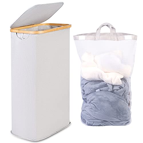 efluky Slim Laundry Basket with Lid, Narrow Laundry Hamper with Removable Bag, Skinny Dirty Clothes Basket with Bamboo Handles for Bathroom, Bedroom & Laundry Room, 63L Light Grey