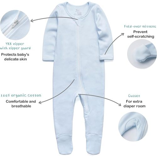 O2 BABY Baby Boys Girls Organic Cotton Zip Front Sleeper Pajamas, Footed Sleep 'n Play （Newborn, Blue）