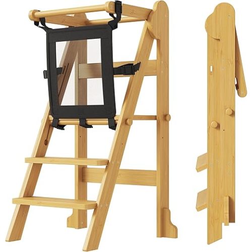 PETKABOO Foldable Kid Toddler Kitchen Stool – Foldable Standing Tower with Safety Net, Adjustable Height Folding Step Stool for Learning & Cooking, Ages 18 Months–6 Years, Bamboo