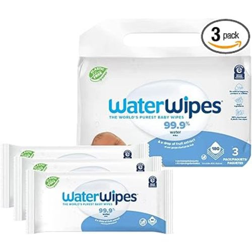 WaterWipes Plastic-Free Original Baby Wipes, 99.9% Water Based Wipes, Unscented & Hypoallergenic for Sensitive Skin, 180 Count (3 packs), Packaging May Vary - 60 Count (Pack of 3)