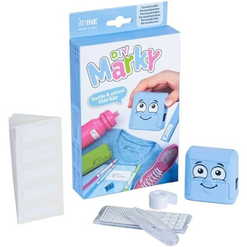 DIY MARKY - Customizable Stamp for Kids | for Children's Clothing and Items | Includes Ink for up to 1000 Impressions | Suitable for All Surfaces | Complete Set with Labels and Thermo Tape (Blue)