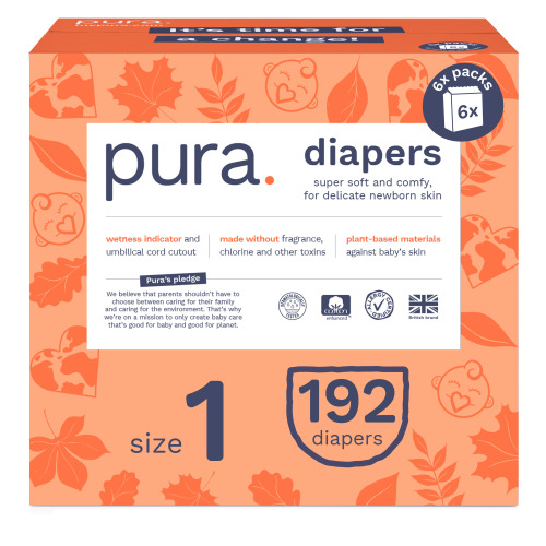 Pura Sensitive Soft Sustainable Baby Diapers - all sizes, 192 Count (Choose Your Size and Count)