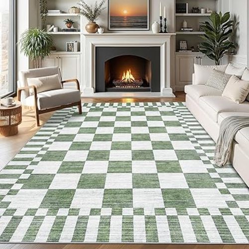 GarveeHome Sage Green Checkered Rug 5×7 Area Rugs for Living Room，Non-Slip Washable Rug Soft Low-Pile, Modern Farmhouse Geometric Rugs for Bedroom Dining Room