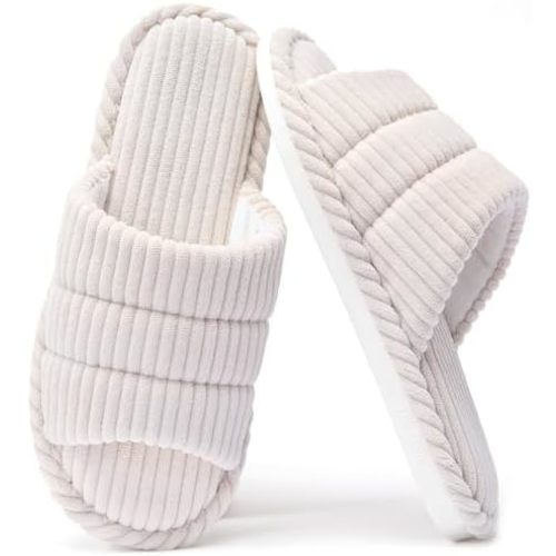 House Slippers for Women Corduroy Cross Band Slippers Open Toe Bedroom Indoor Shoes with Memory Foam