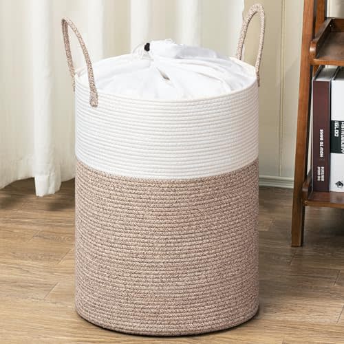 Goodpick Clothes Hamper, 60L Tall Laundry Basket Organizer for Clothes, Woven Laundry Basket for Living Room, Small Laundry Basket, 15 x 20 Inches, Brown