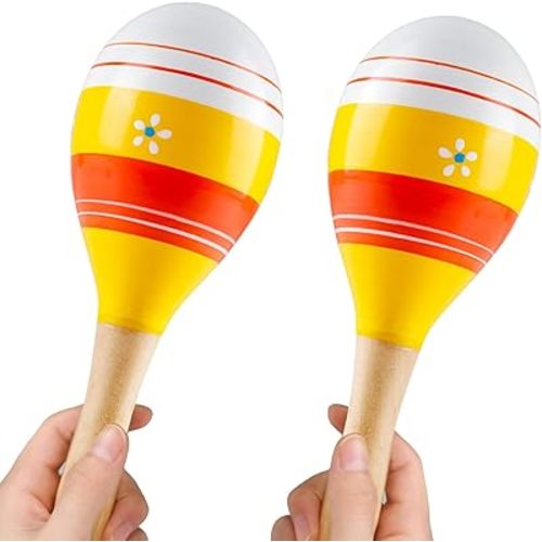 2PCS Wooden Maracas, 7.5 Inch Wooden Rumba Shaker Musical Instruments Colorful Wood Maracas Hand Percussion Rattles Fiesta Party Favors for Birthday, Event, School, Performance, Entertainment (Yellow)