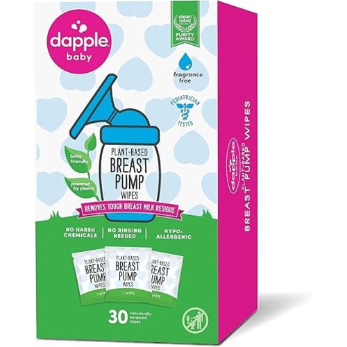 Breast Pump Wipes by Dapple Baby, Hypoallergenic & Powered by Plants, Removes Milk Residue, Leaves No Taste, Singles, Fragrance Free, 30 Count (Pack of 1)