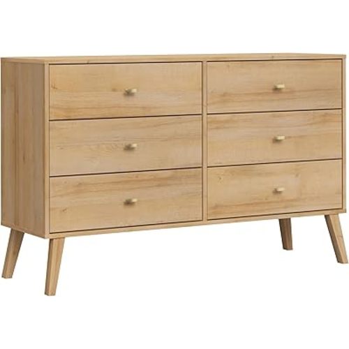 Prepac Milo Dresser, Natural Oak Dresser for Bedroom, Chest of Drawers with 6 Drawers 16" D x 52.5" W x 33" H, ODBR-1406-1-S